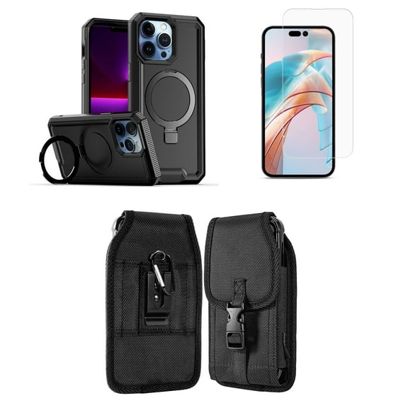 Bemz Case for iPhone 15 Pro with Slim Heavy-Duty Armor Defender Wireless Charger Magnetic Kickstand Cover, Screen Protector, Vertical Release Buckle Belt Holster Pouch (Black)