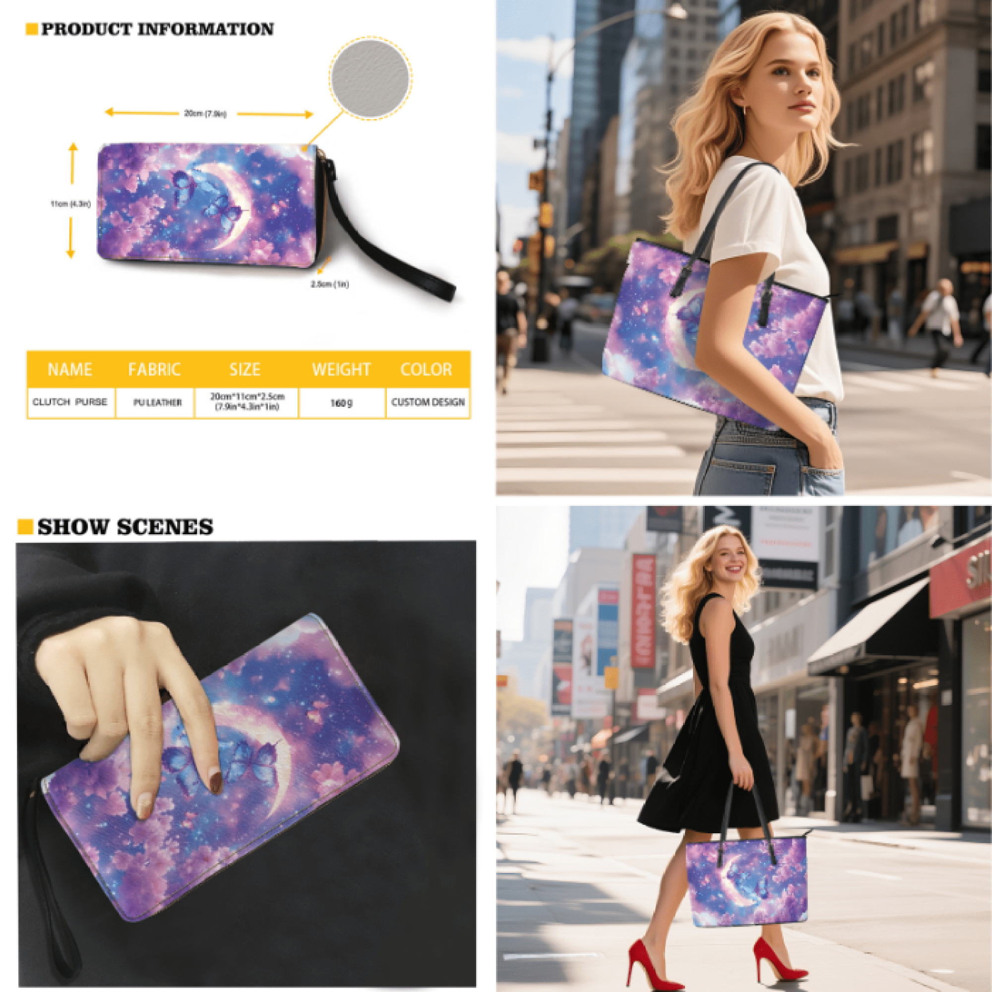 Tutolipy Butterfly Moon Pack of 3 Tote Bag for Ladies, Large Capacity Wristlet Purse, Lightweight Personalized Wristlet Clutch Purse for Outdoor Activities