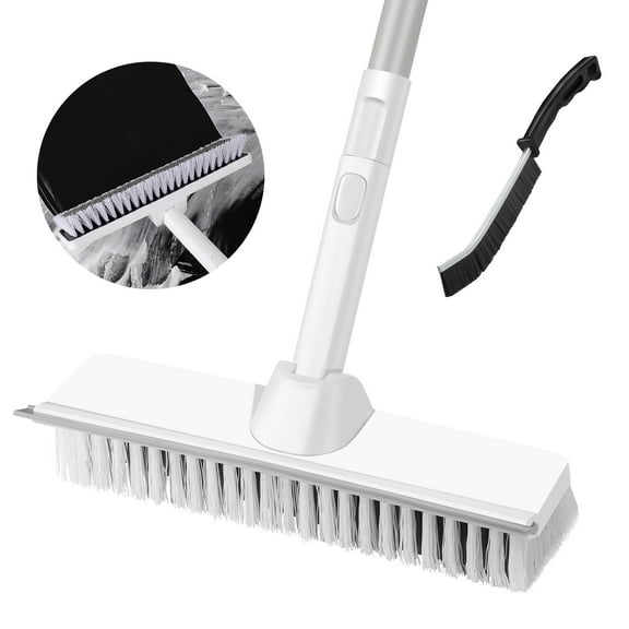 Floor Scrubbing Brush, 2-in-1 Floor Scrub Brush with Long Handle, Stiff Bristle Brush with Squeegee for Bathroom Shower Indoor Cleaning, Deck Scrubber for Garage,Kitchen,Tile and Wall