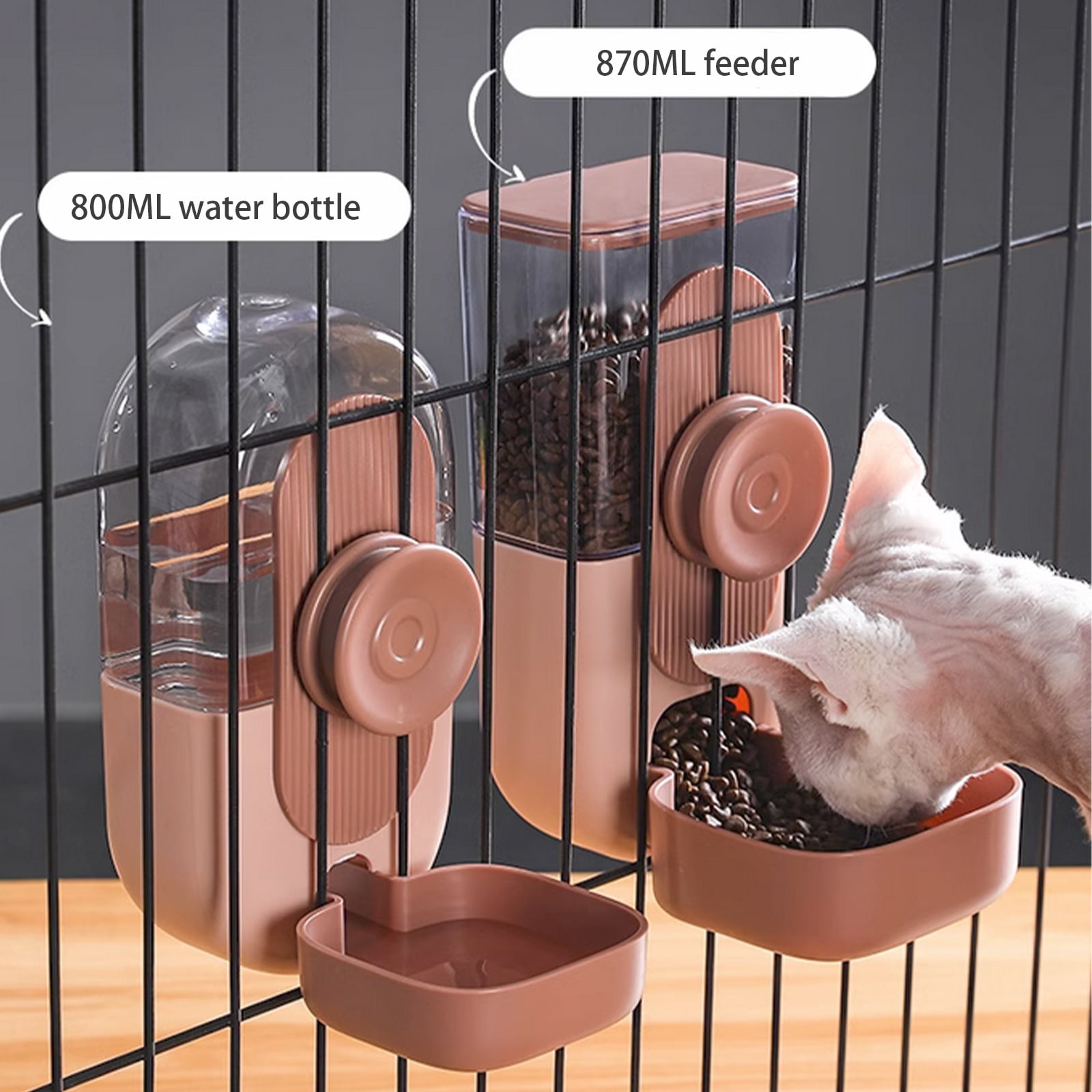 Puseky 2Pcs Hanging Food Water Dispenser, Automatic Gravity Pet Feeders and Waterers for Cats, Dogs, Rabbit, Pink Cage Food Bowl