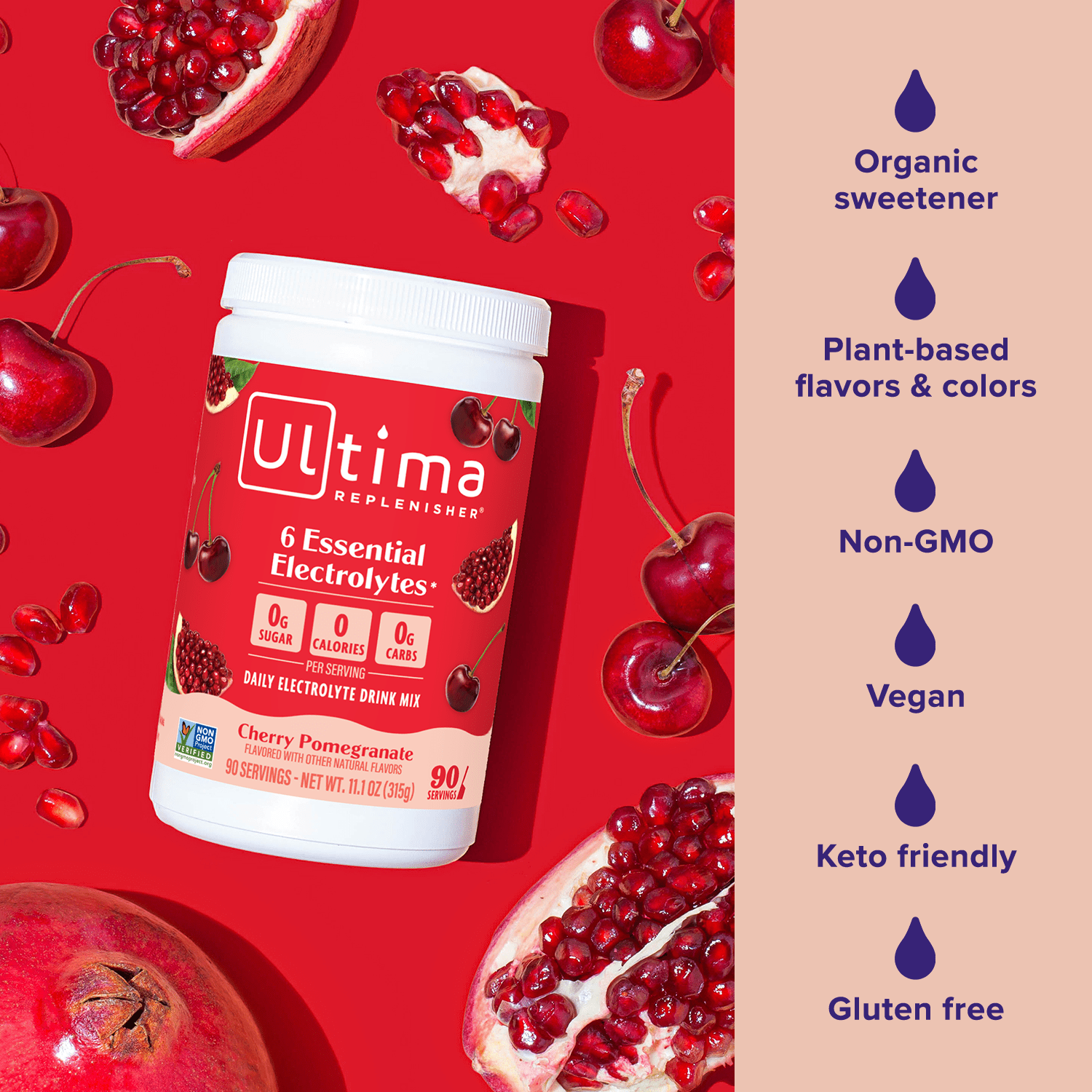 Ultima Replenisher Hydration Electrolyte Powder Drink Mix, Sugar-Free Cherry Pomegranate 90 Servings