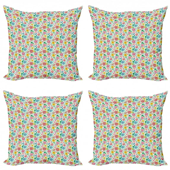 Garden Art Throw Pillow Cushion Case Pack of 4, Bees and Butterflies Thriving Nature Illustration Blossoming Flowers Pattern, Modern Accent Double-Sided Print, 4 Sizes, Multicolor, by Ambesonne