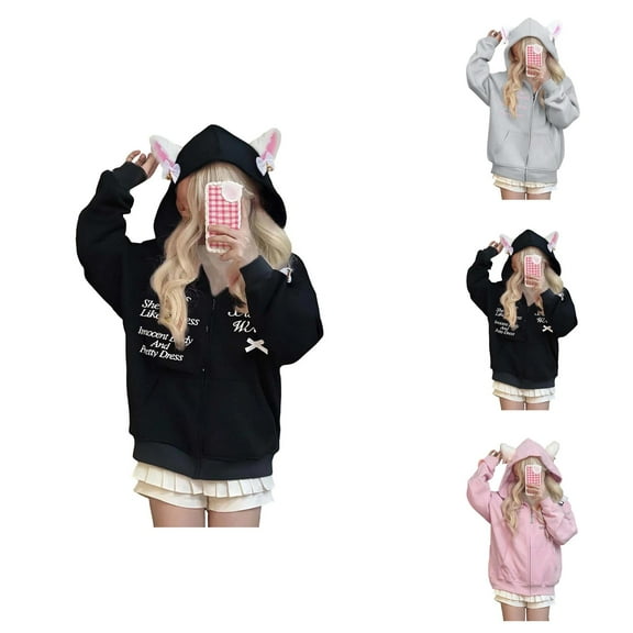 Cute Cat Ear Hoodies for Women 2025 Fall Winter Long Sleeve Zip Up Hooded Sweatshirt with Pockets Y2K Jackets Coat