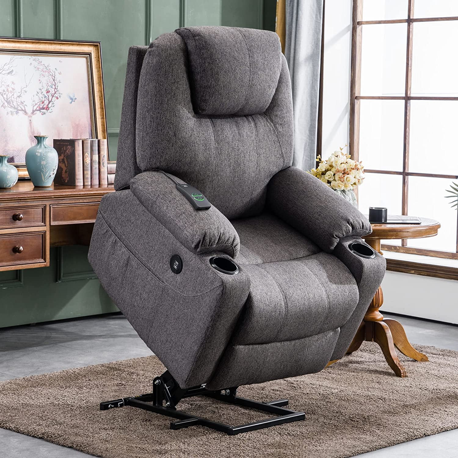 MCombo Electric Power Lift Recliner Chair with Massage and Heat for Elderly, 3 Positions, 2 Side Pockets, and Cup Holders, USB Ports, Fabric 7040 Dark Gray