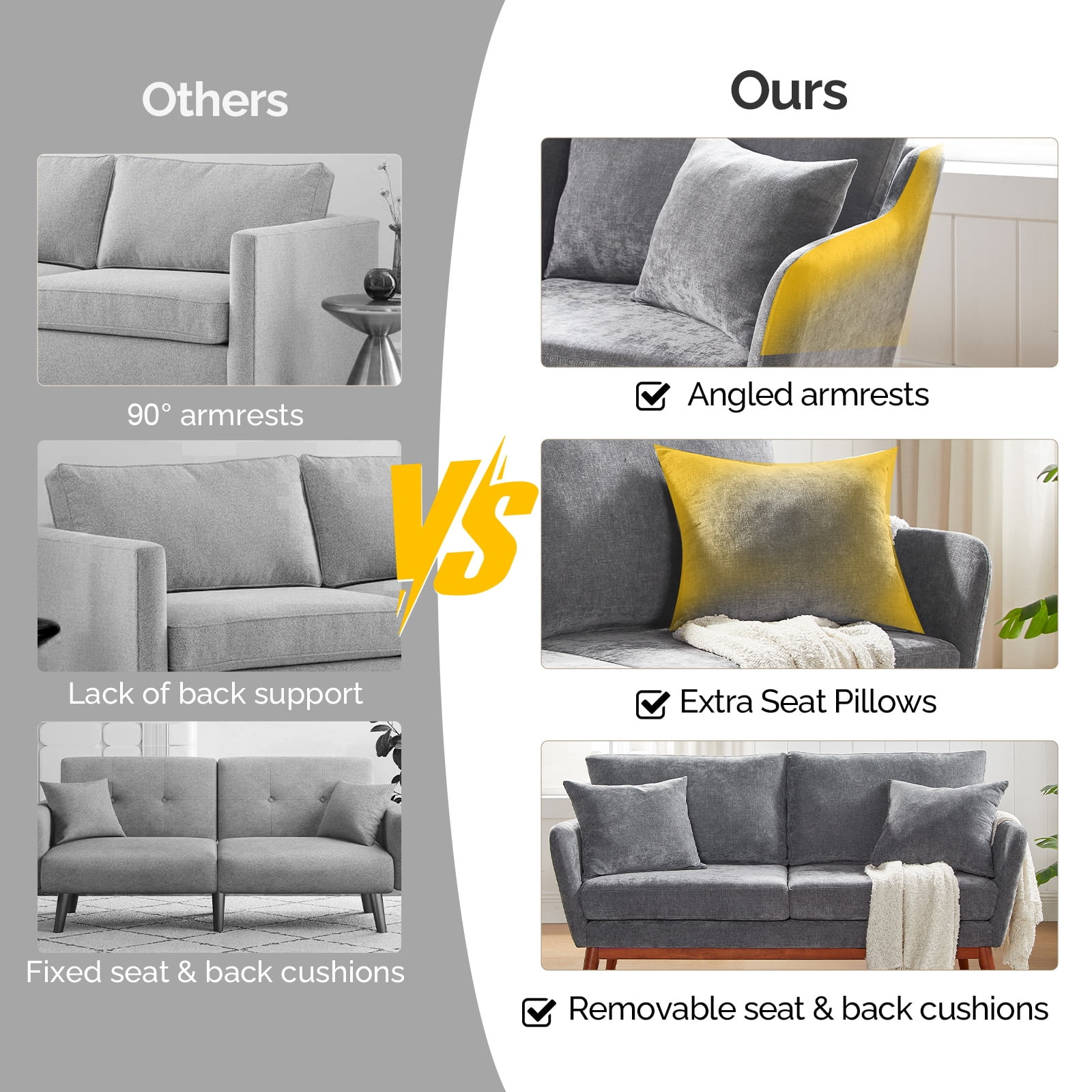 Ktaxon Mid-Century Modern Loveseat, Linen Blend 2-Seater Sofa, Solid Wood Frame Couch for Living Room, Apartment Gray