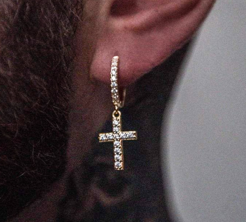 Men's Yellow Gold 925 Sterling Silver Iced Cz Dangle Hanging Cross Hoop Earrings