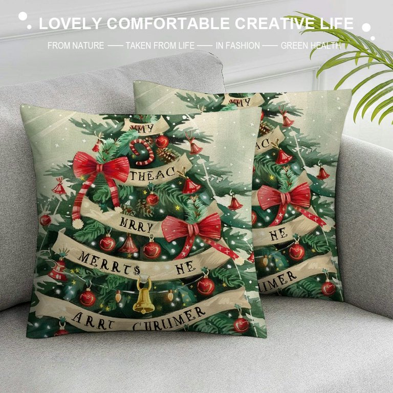 Set Of 4 Green Christmas Pillow Covers – 18x18 Inch Snowflake Linen Covers For Sofa