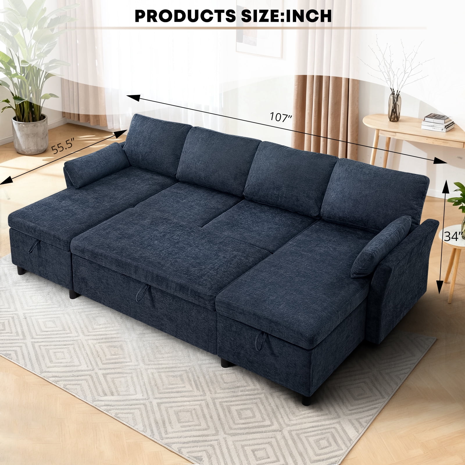 ACMEASE 107 Inches Fabric Sectional Sofa with Pull Out Sofa Bed, Modern U Shaped Sofa with Throw Pillows, Comfortable Sleeper Couch with Storage Chaise for Living Room, Blue