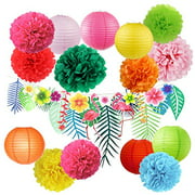 Hawaiian Luau Party Decorations Tropical Tiki Hibiscus Flowers and Flamingos Banner Large Artificial Tropical Leaves Banner Garland Tissue Paper Pom Poms Flowers Paper Lanter For Summer Party Suppl
