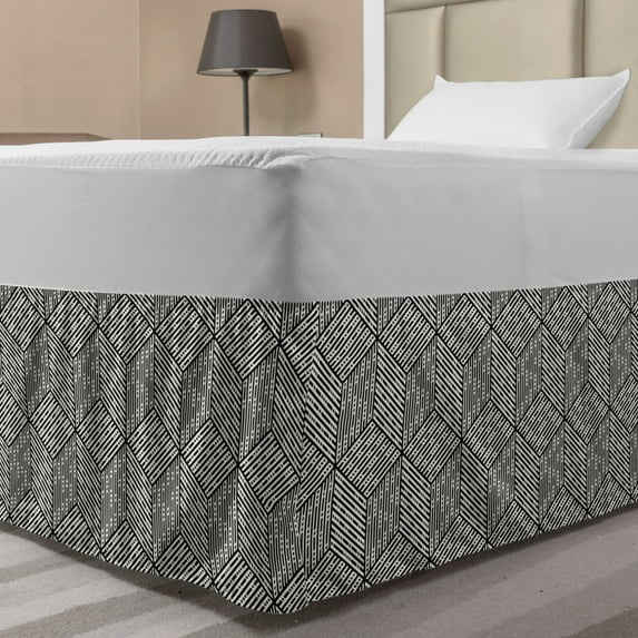 Geometric Bed Skirt, Cubic Forms with Inner Abstract Stripes Modern Mosaic Design, Elastic Bedskirt Dust Ruffle Wrap Around for Bedding Decor, 4 Sizes, Charcoal Grey and Ivory, by Ambesonne