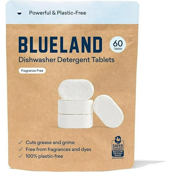 BLUELAND Dishwasher Detergent Tablet Refill 60 Count- Plastic-Free & Eco Friendly Alternative to Liquid Pods or Sheets - Natural, Sustainable - 60 Washes