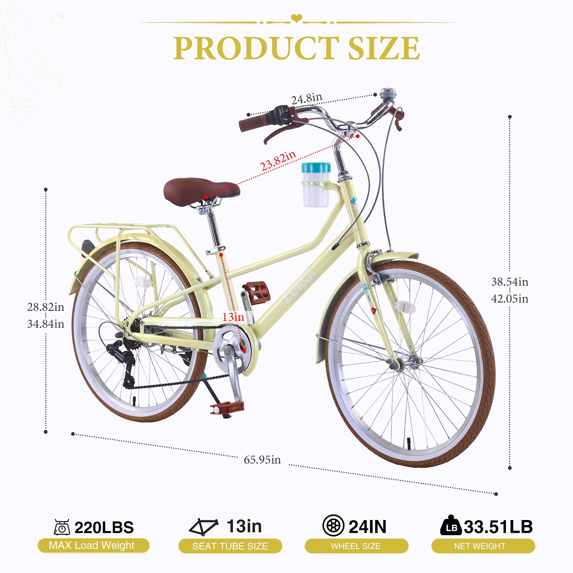 24 Inch Women's Cruiser Bike, 6 Speed Step-Through Commuter Bicycle with Rear Rack & Cup Holder, Adult City Bike