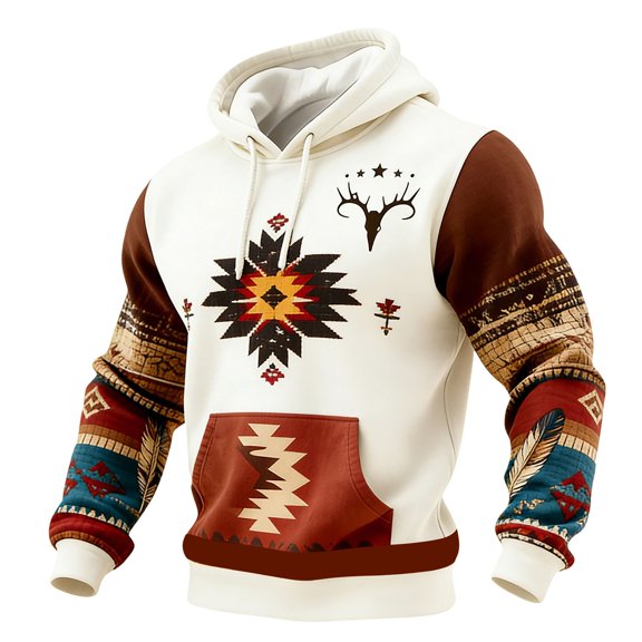 Western Aztec Long Sleeve Casual Hoodie with Front Pocket for Everyday Wear Anime Hoodie Men's Hooded Sweatshirt Pullover Hoodie