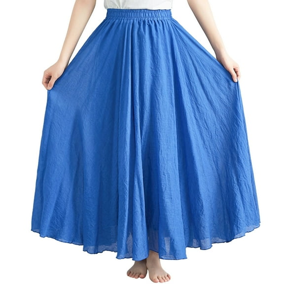 Riforla Womens Solid Color Half Skirt Elastic Waist A Line Skirt Long Half Skirt Pleated Skirt Girls Blue 85cm
