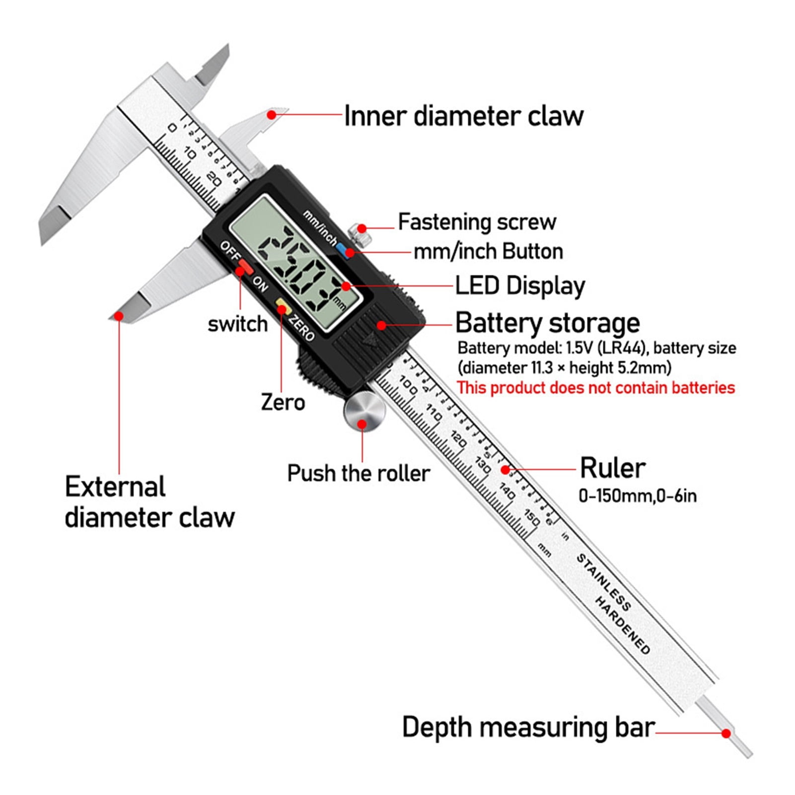 Digital Vernier Caliper 6 inch 0-150mm Electronic Measuring Caliper Stainless Steel ,Easy to Operate