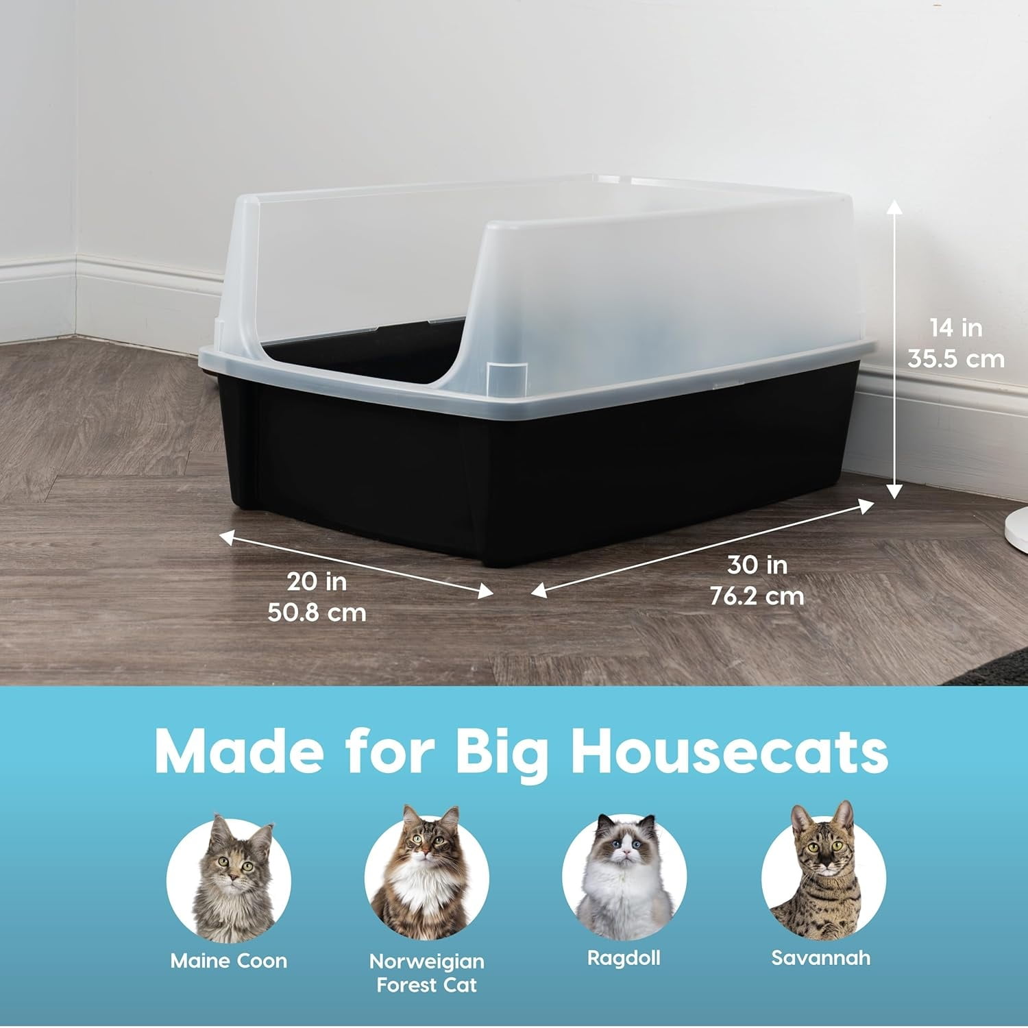 XX-Large Cat Litter Box, Open Top Extra Large Litter Box for Big Cats and Multi-Cat Households, High Sided Scatter Shield, Easy to Clean, 30"L x 20"W x 14"H, Black