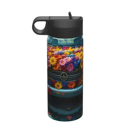 

Adobk Flower Covered Vintage Car Print Water Bottle 18oz Sports Insulated Kettle for Cycling Gym Basketball Outdoor Suitable as a Present