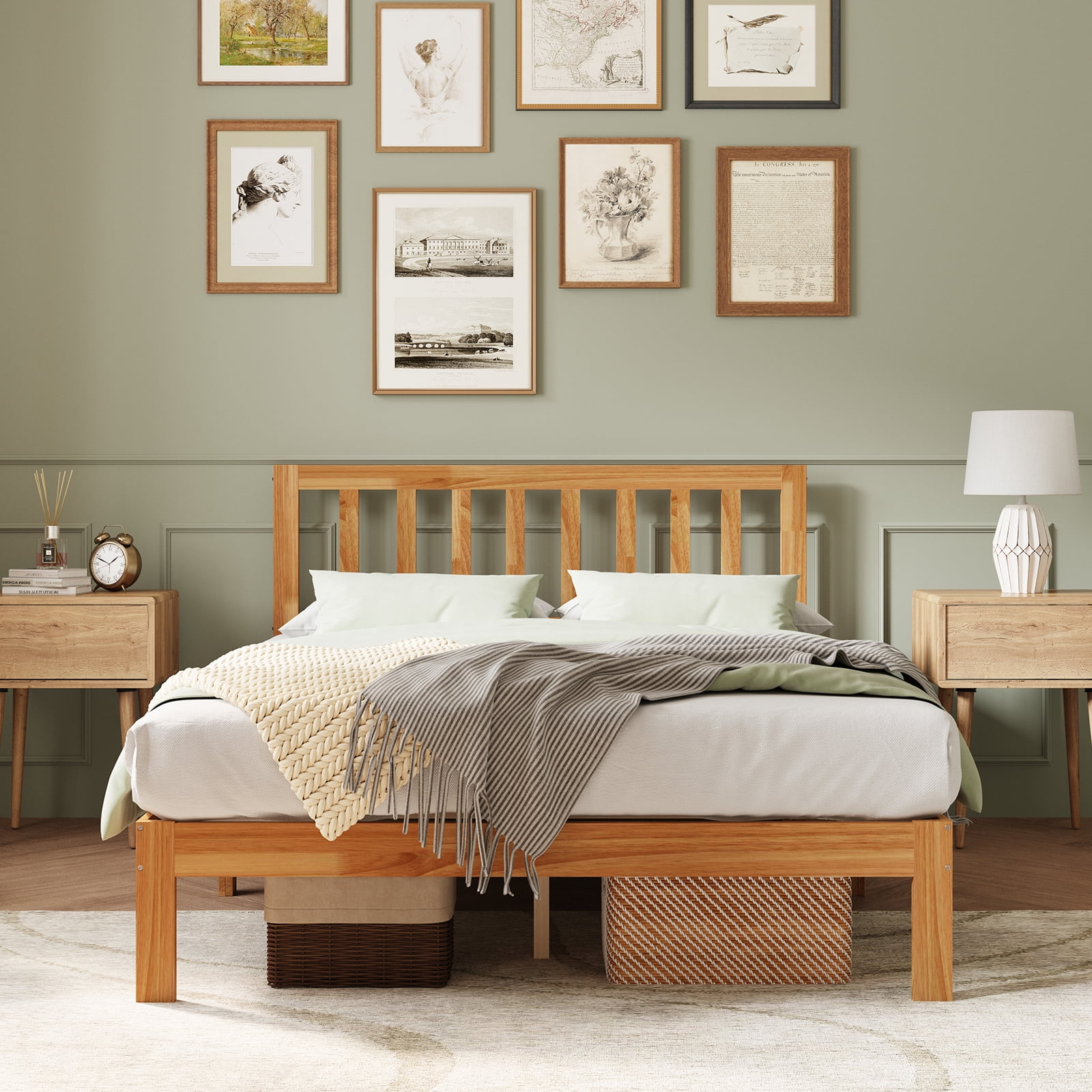 Novilla 12 Inch Queen Bed Frame with Headboard, Queen Size BedFrame with Headboard Classic Wooden Bed Frame Queen Size with Wood Slat Support, No Box Spring Needed, Easy Assembly, Natural Grain Wood