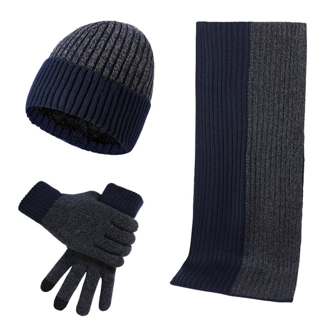 WEAIXIMIUNG Fingerless Gloves for Men Woolen Hat Set Matching Color Knitted Hat Thick Scarf Gloves Three Piece Set