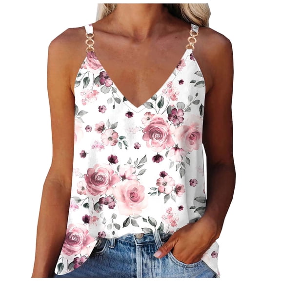 Babysbule Womens Summer Tops Women Sleeveless Floral V Neck Summer Loose Fit Athletic Pullover Vest