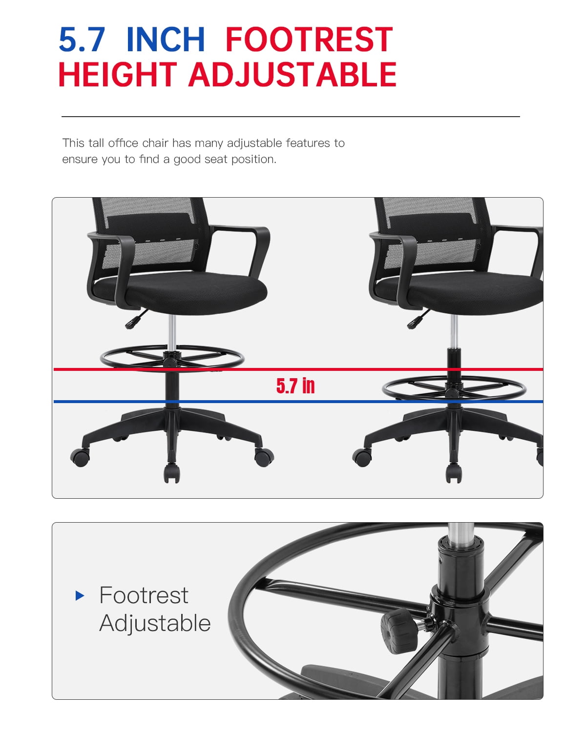 BestOffice Tall Drafting Office Chair, Lumbar Support, Adjustable Arms, Swivel Rolling for Adults(Black)