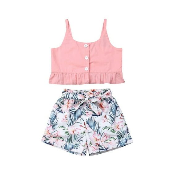 2PCS Toddler Kids Baby Girl Clothes Sleeveless Vest Crop Tops + Floral Shorts Pants Outfits Summer Sunsuit