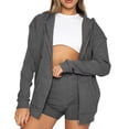 thumbnail image 2 of Conjunto de pantalones cortos con capucha y cremallera, manga larga, poliéster, transpirable, conjunto de salón de 2 piezas para mujer para correr, gris oscuro XL, 2 of 5