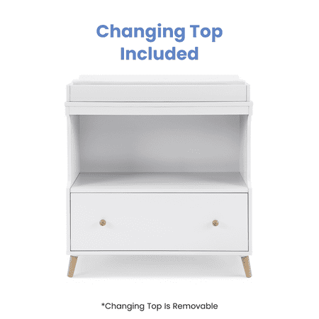 Delta Children Essex Convertible Changing Table with Drawer, Greenguard Gold Certified, Bianca White/Natural