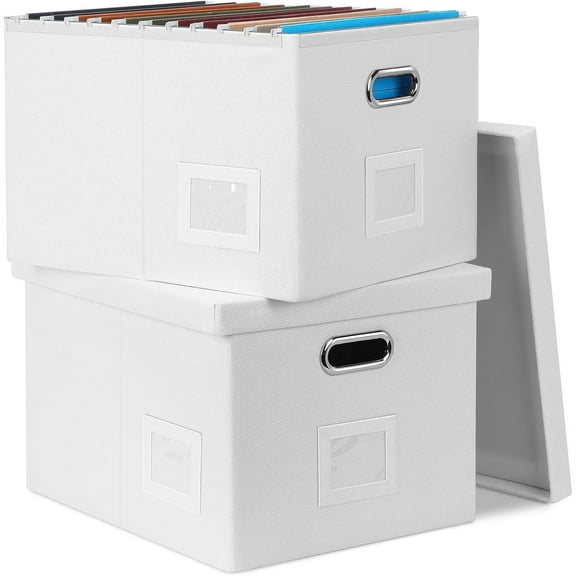 File Organizer Box, Collapsible Storage Filling Box with Lid for Letter Legal Size Hanging Folders Decorative Linen File Folder Box Document Storage Filing Bin, White 2 Pack