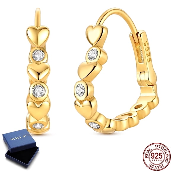 MULA Gold Plated Heart Love Hoop Earrings 925 Sterling Silver Sparkling AAA CZ Jewelry Gift for Her