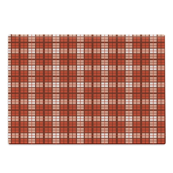 Plaid Cutting Board, Tartan Pattern with Grid Style Vintage Stripes and Squares Geometric Design, Decorative Tempered Glass Cutting and Serving Board, Large Size, Vermilion White, by Ambesonne