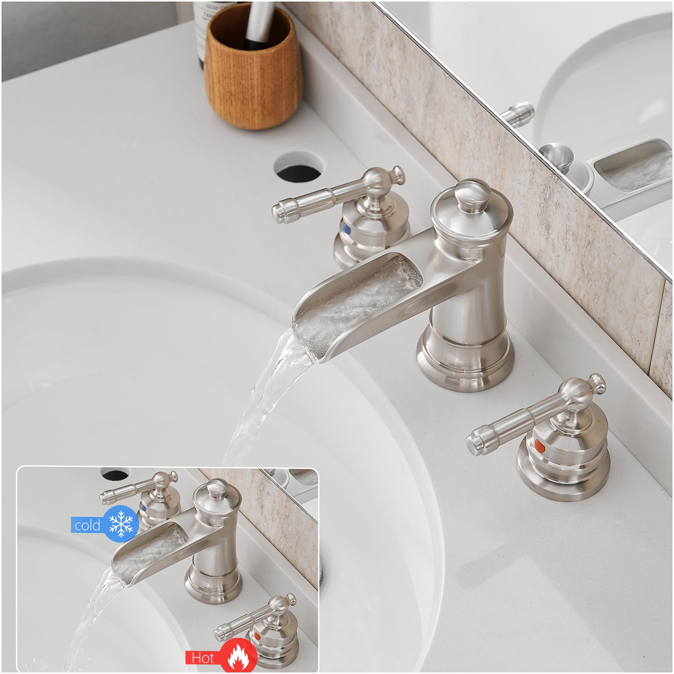 JERFIT 8 inch Widespread Bathroom Faucet with Drain Assembly, Brushed Nickel, 3-Hole Vanity Sink Faucet, Double Lever Handle, Solid Brass Construction