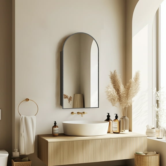 Arched Medicine Cabinet with Mirror,Black Bathroom Medicine Cabinet Wall Mounted,Bathroom Vanity Mirror with Storage,Mirrored Cabinet with Adjustable Shelves,2 Power Outlets,16X32 Inch