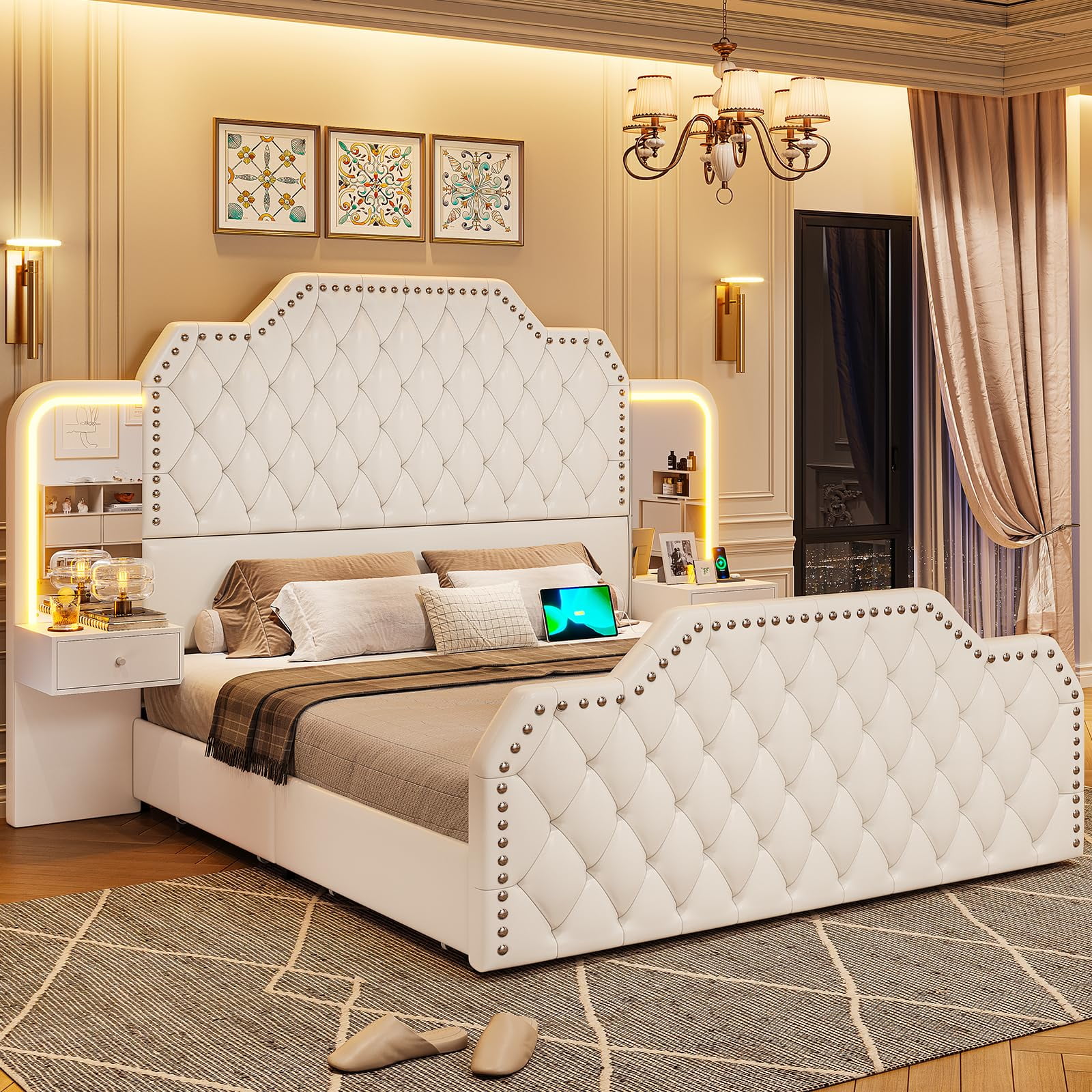 Queen Bed Frame with 2 Nighstands, Power Outlets and 4 Drawers, Upholstered Bed with Vanity Tables and Mirrors, Modern Velvet Tufted Platform Bed with Headboard & Footboard, White