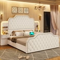 thumbnail image 4 of Queen Bed Frame with 2 Nighstands, Power Outlets and 4 Drawers, Upholstered Bed with Vanity Tables and Mirrors, Modern Velvet Tufted Platform Bed with Headboard & Footboard, White, 4 of 10