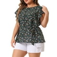 thumbnail image 4 of Agnes Orinda Women's Plus Size Easter Blouses Round Neck Floral Tie Waist Short Flare Sleeve Tops 2X Black, 4 of 6