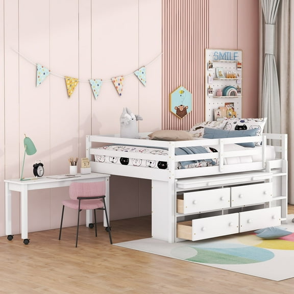 Full Size Solid and Stable Loft Bed with Retractable Writing Desk and 4 Drawers, Wooden Loft Bed with Lateral Portable Desk and Shelves (White)