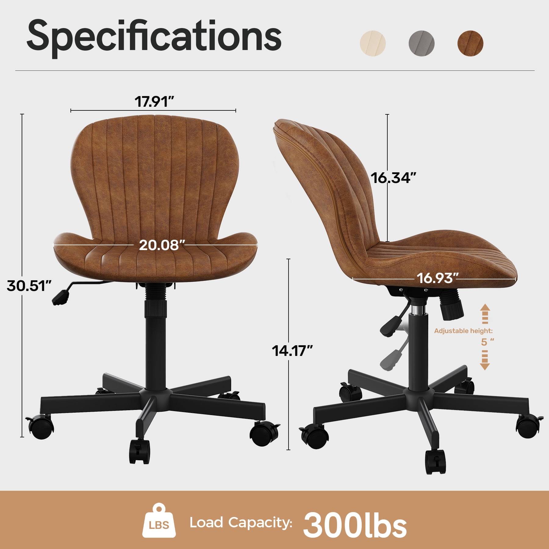 MOONMISS Mid Back PU Leather Desk Chair with Wheels,Armless Adjustable Swivel Vanity Chair for Bedroom Home Office Living Room,Brown