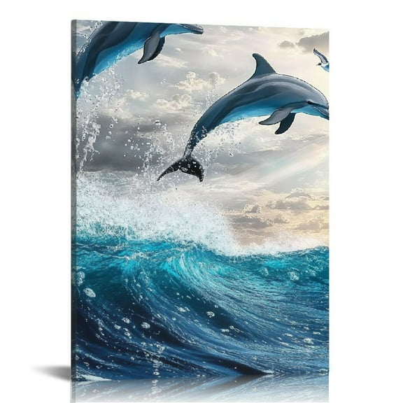 FCXZI Wall Art For Living Room Large Canvas Wall Decor For Bedroom Blue Waves Of The Sea Wall Pictures Artwork Modern Office Canvas Art Print Dolphins Wall Paintings Hang Canvas painting