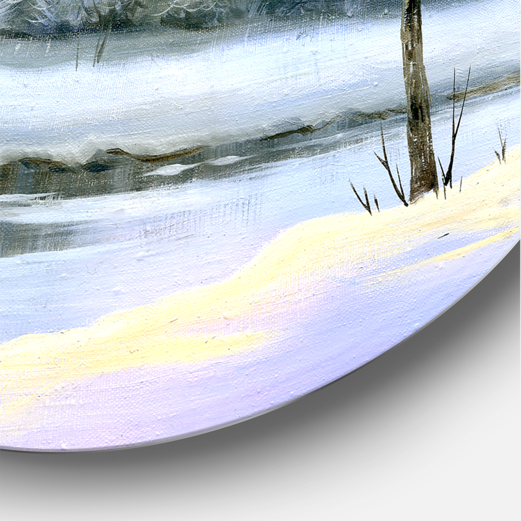 Designart 'Green Trees In Beautiful Winter Snow Landscape' Traditional Circle Metal Wall Art 36x36 - Disc of 36
