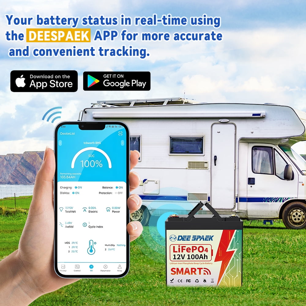12V 100Ah Mini Lithium LiFePO4 Battery Bluetooth,for RVs,Solar,Marine,Boat,Trolling Motor,Camping,DEESPAEK Group 22NF Deep Cycle Batteries