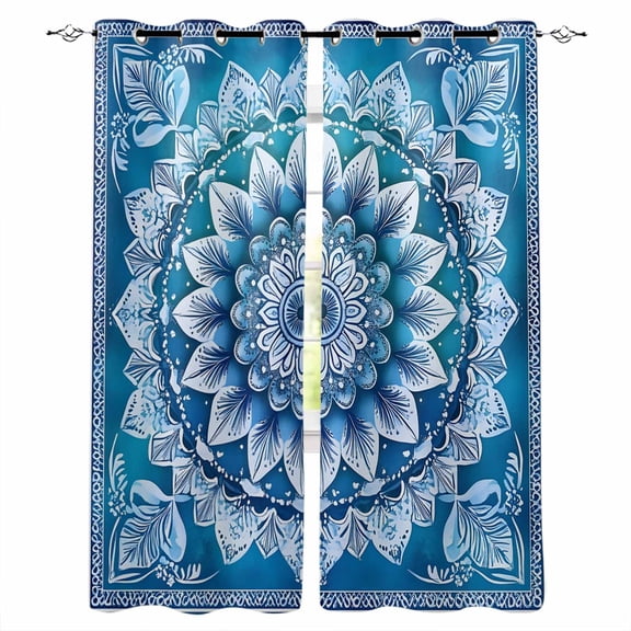 Blue Boho Floral Blackout Curtains 39 Inches Long for Bedroom, Ethnic Tribal Abstract Flowers Motifs Thermal Insulated Room Darkening Black Out Window Curtain Panels Grommet Drapes for Living Room