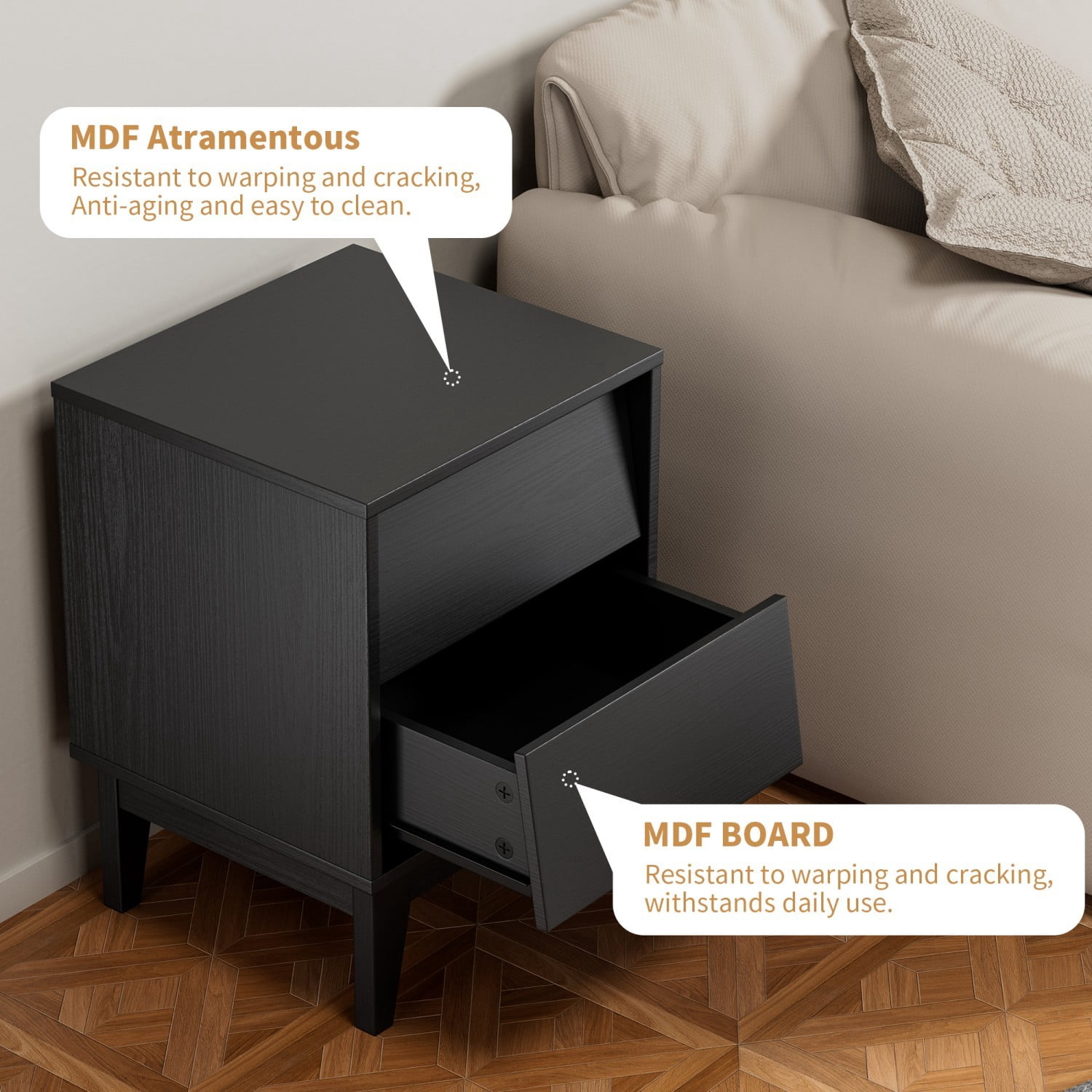 Set of 2 Mid Century Modern Nightstands with Drawer, Vintage Style Beveled Design Bedside Tables, Wood Leg End Tables with Storage for Bedroom, Living Room, Black