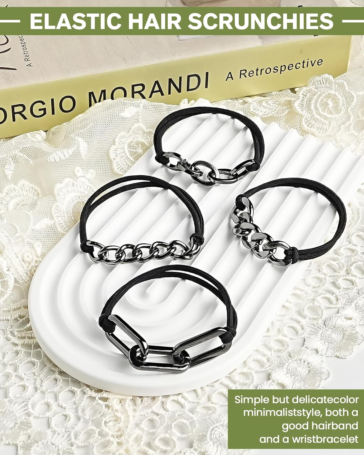 4-Pack Black Hair Ties - Hair Bands for Women's Hair Double as Cute Hair Tie Bracelet, Double Rope Elastic Metal Hair Ties for Thick Hair, No Damage Hair Cuffs for Ponytail,Thin, Curly Hair