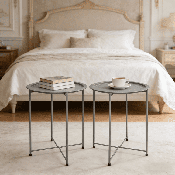 Round Folding Metal Side Table Set of 2, Portable Foldable End Table, Accent Snack Tray Table for Living Room & Bedroom
