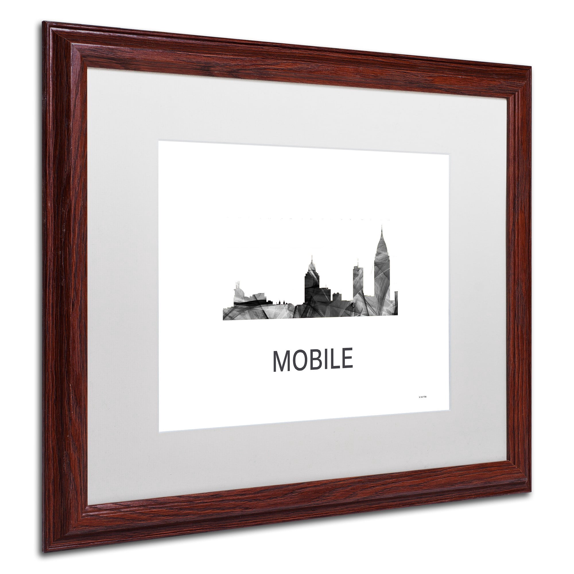Trademark Fine Art 'Mobile Alabama Skyline WB-BW' Canvas Art by Marlene Watson, White Matte, Wood Frame