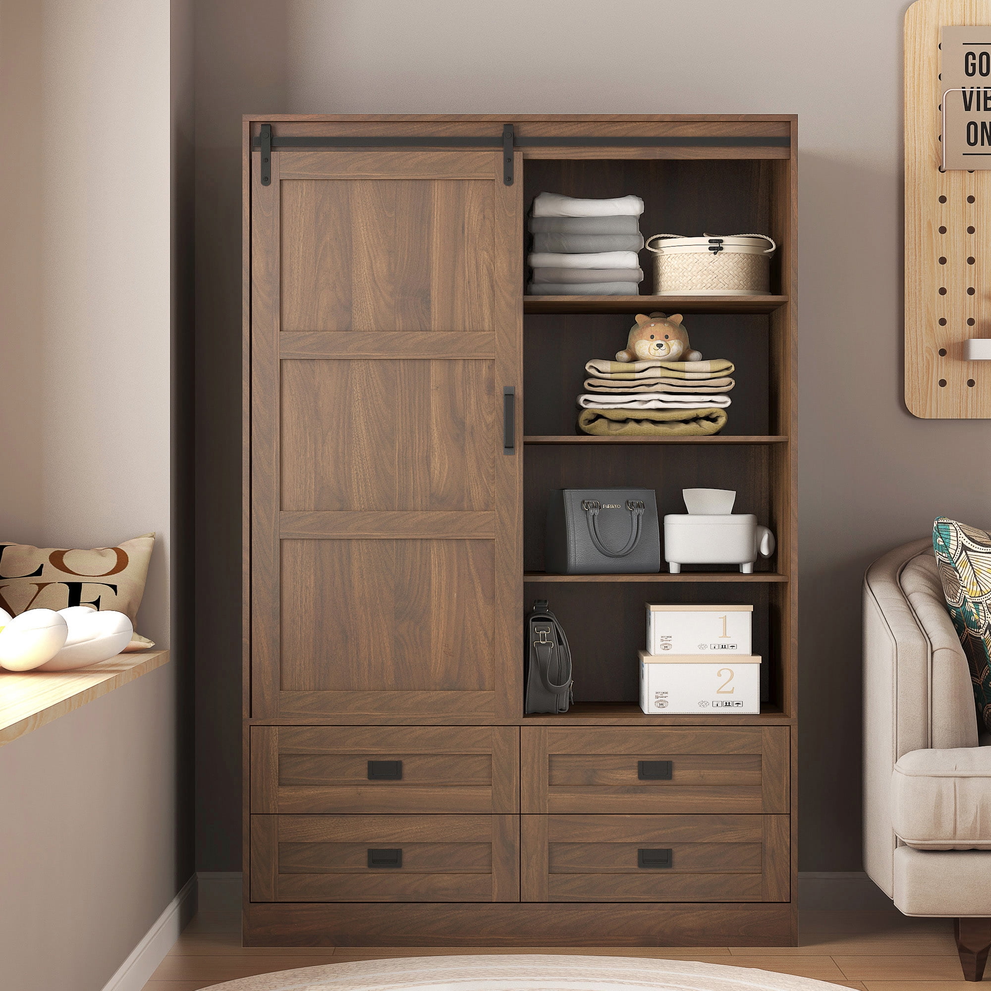 Aukfa Wood Armoire Wardrobe Closet,Clothing Storage Cabinet with Drawers,Hanging Rod & Barn Door,Walnut