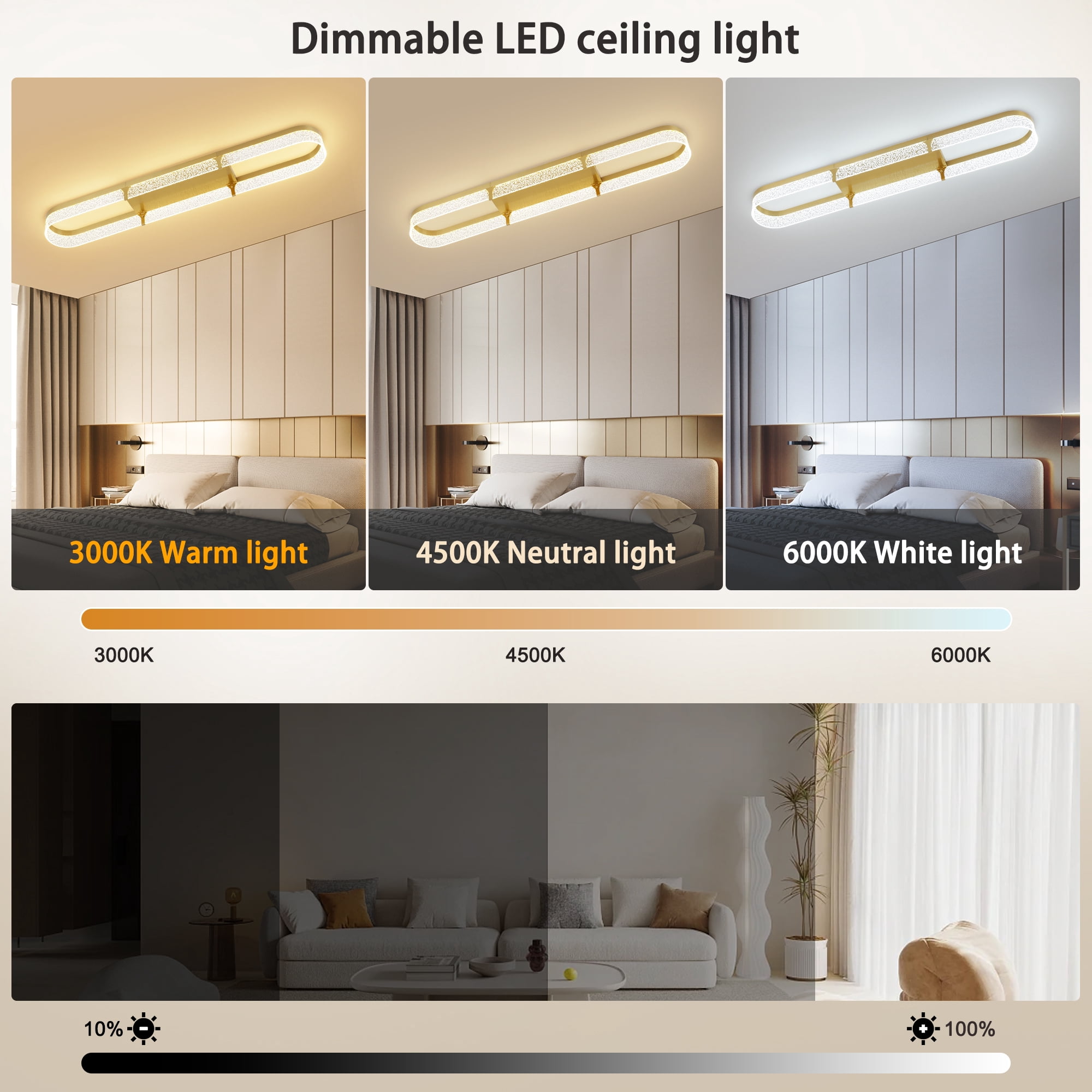 Garwarm 43.31 in. 48W Gold Modern LED Ceiling Light, Dimmable Rectangular Flush Mount Ceiling Light with Remote Control, Black Bubble Light Fixture for Bedroom Kitchen