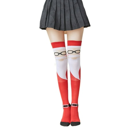 

✪ Women Christmas Holiday Thigh High Long Socks Cute Cartoon Santa Print Stockings
