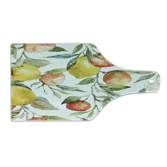 Nature Cutting Board, Lemon and Orange Clementine Tree Branches Fruit Yummy Winter Season Vitamin Design, Tempered Glass Cutting and Serving Board, Wine Bottle Shape, Multicolor, by Ambesonne